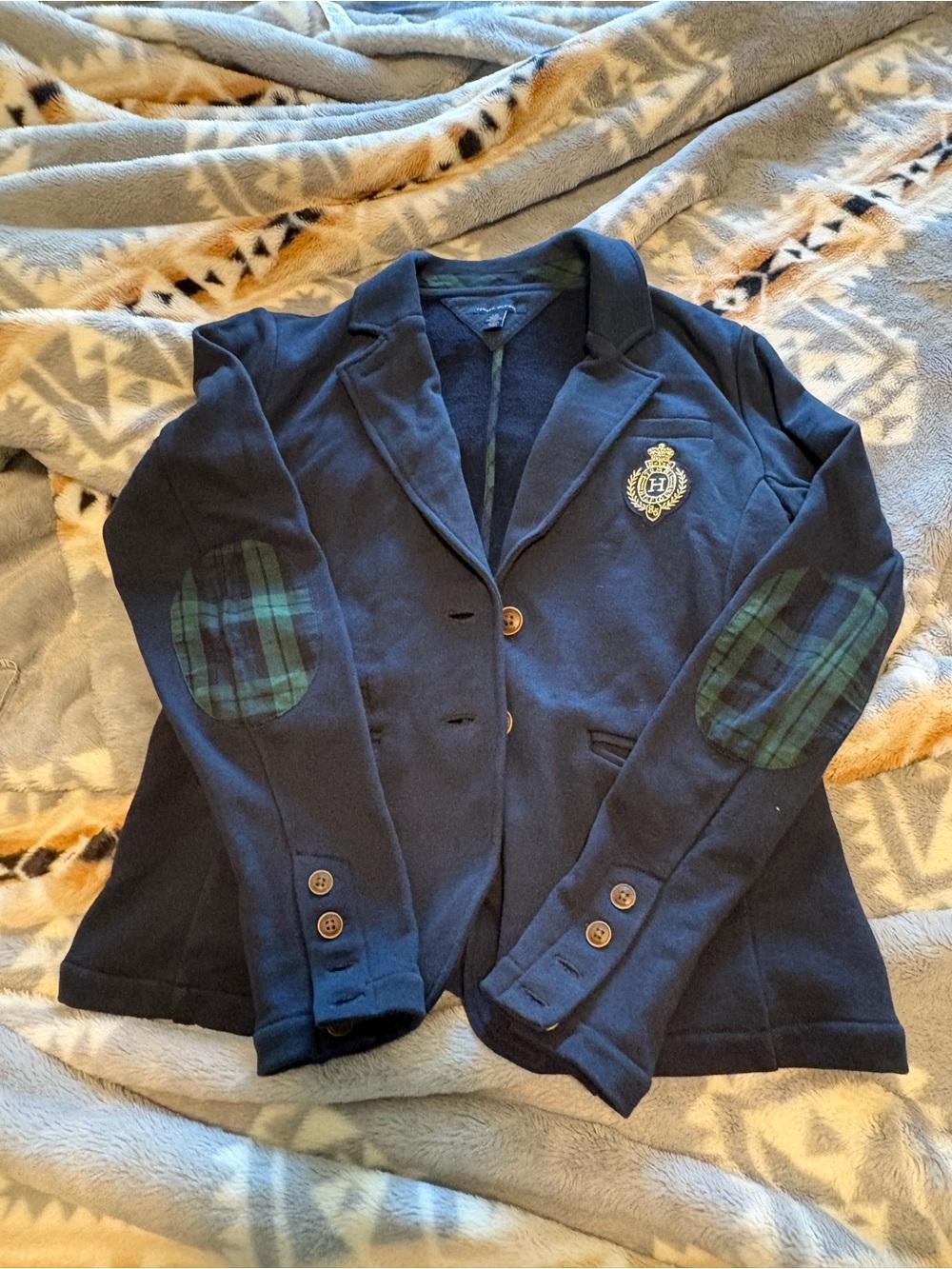 Tommy Hilfiger Navy Blazer with Green Plaid Elbow Patches
